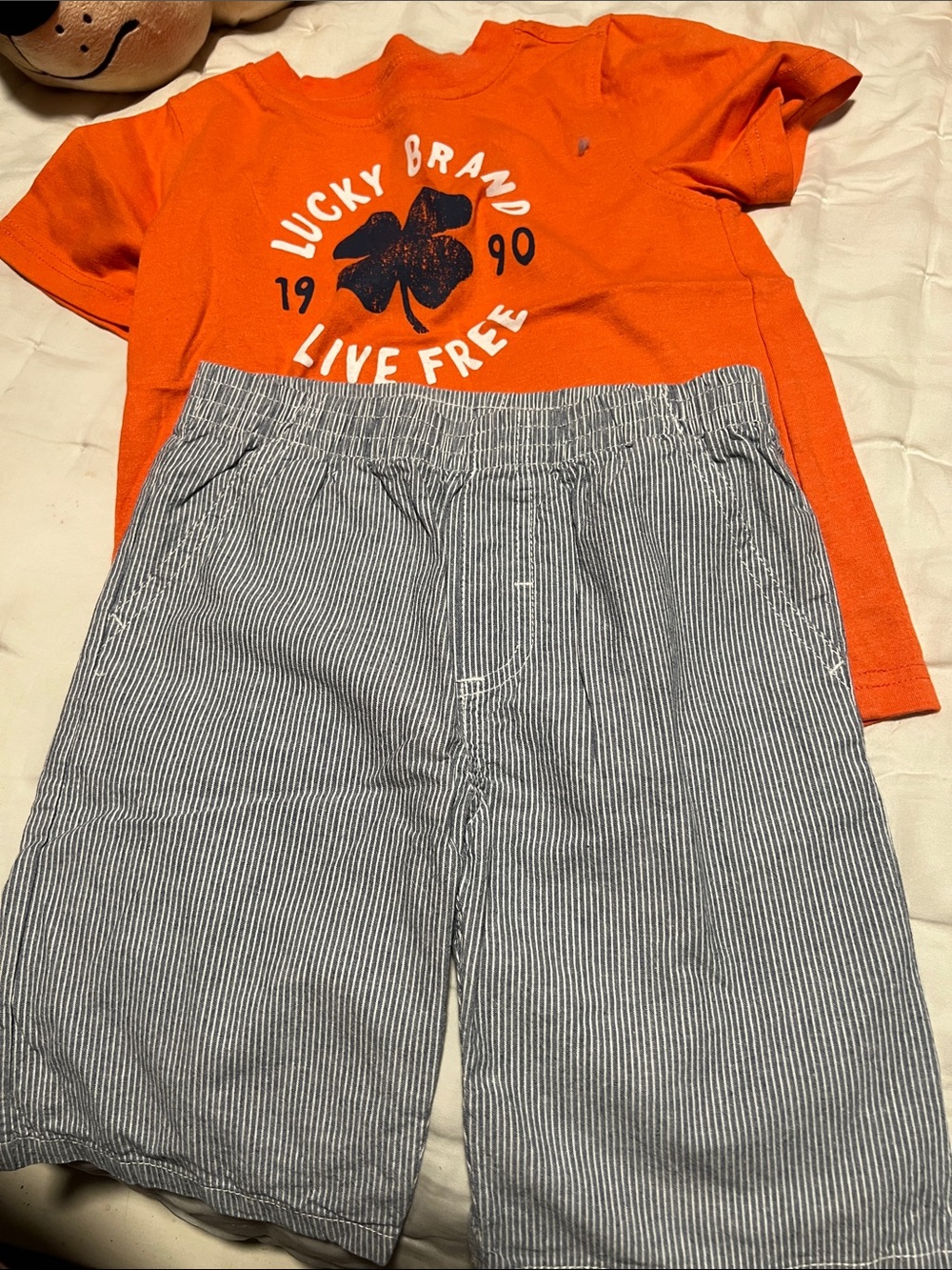 Lucky Brand Orange Graphic Tee with Blue-and-White Striped Shorts